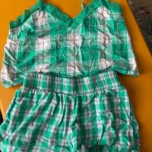 Colsie Green Plaid Lace Trim Woven Tank and Shorts Pajama Lounge Set.